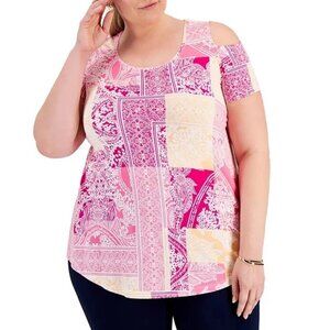JM Collection Women's Plus Size Cold Shoulder T-Shirt Top, Pink Patchwork, 3X
